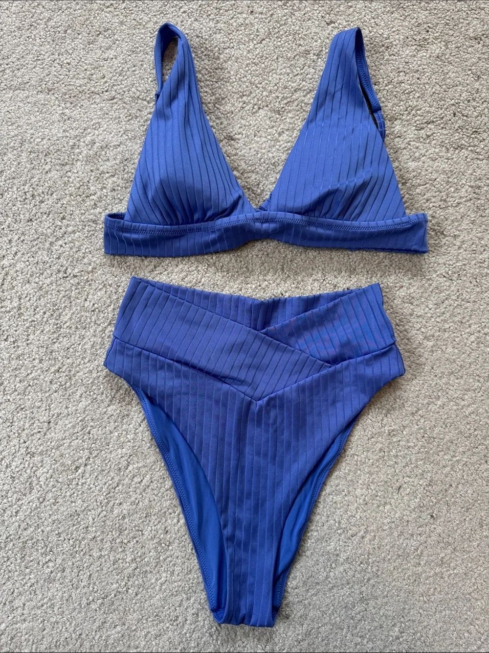 aerie Bikini Ribbed Blue Triangle/High Cut Cheeky SzM
